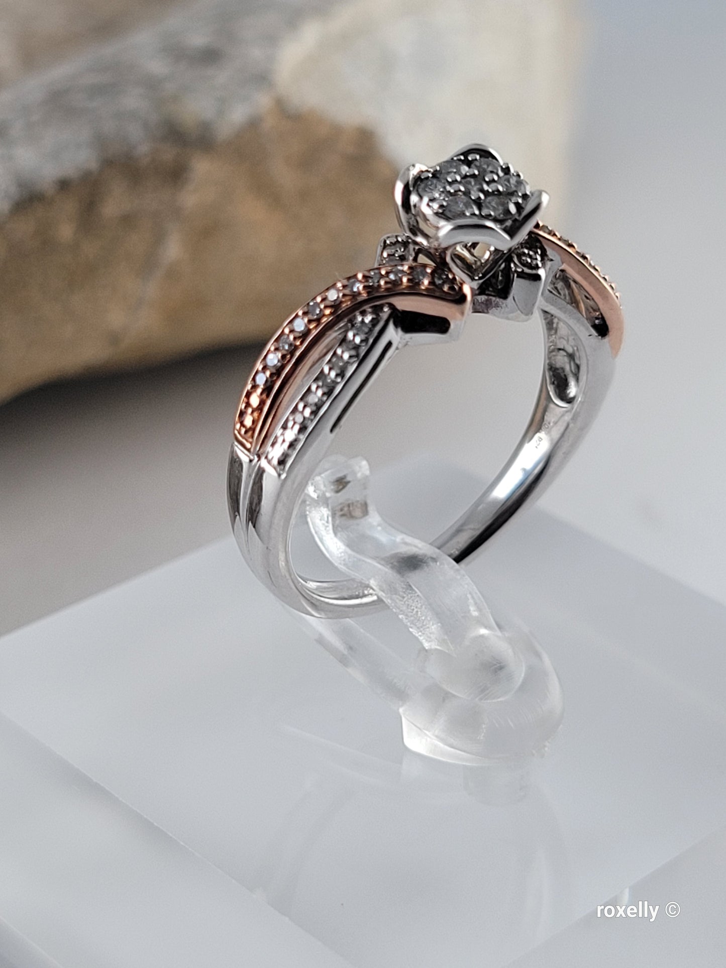 ❤️Size 6.75 Fancy Sterling Silver & 10k Solid Rose Gold Genuine Diamond Ring!