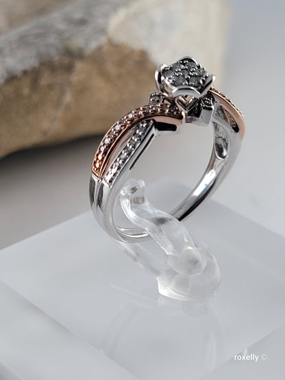 ❤️Size 6.75 Fancy Sterling Silver & 10k Solid Rose Gold Genuine Diamond Ring!