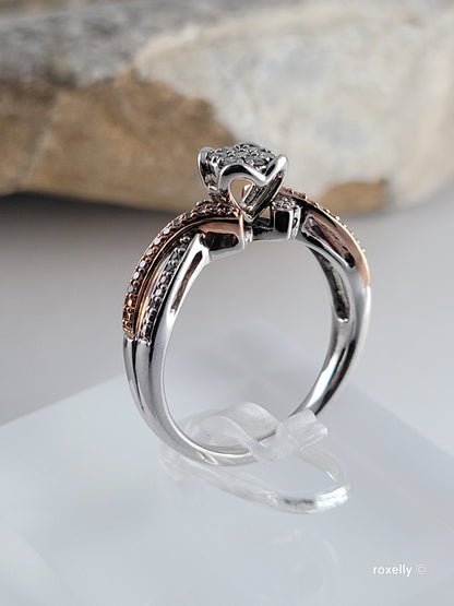 ❤️Size 6.75 Fancy Sterling Silver & 10k Solid Rose Gold Genuine Diamond Ring!