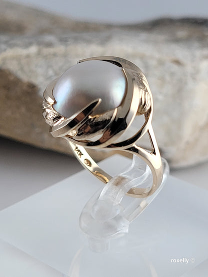 ❤️14k Size 6.75 Gorgeous Solid Yellow Gold Natural Grey Pearl Ring!