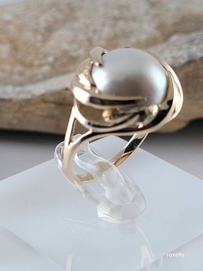 ❤️14k Size 6.75 Gorgeous Solid Yellow Gold Natural Grey Pearl Ring!