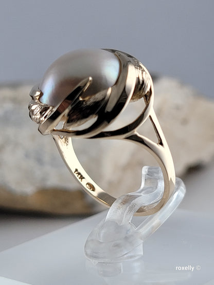 ❤️14k Size 6.75 Gorgeous Solid Yellow Gold Natural Grey Pearl Ring!