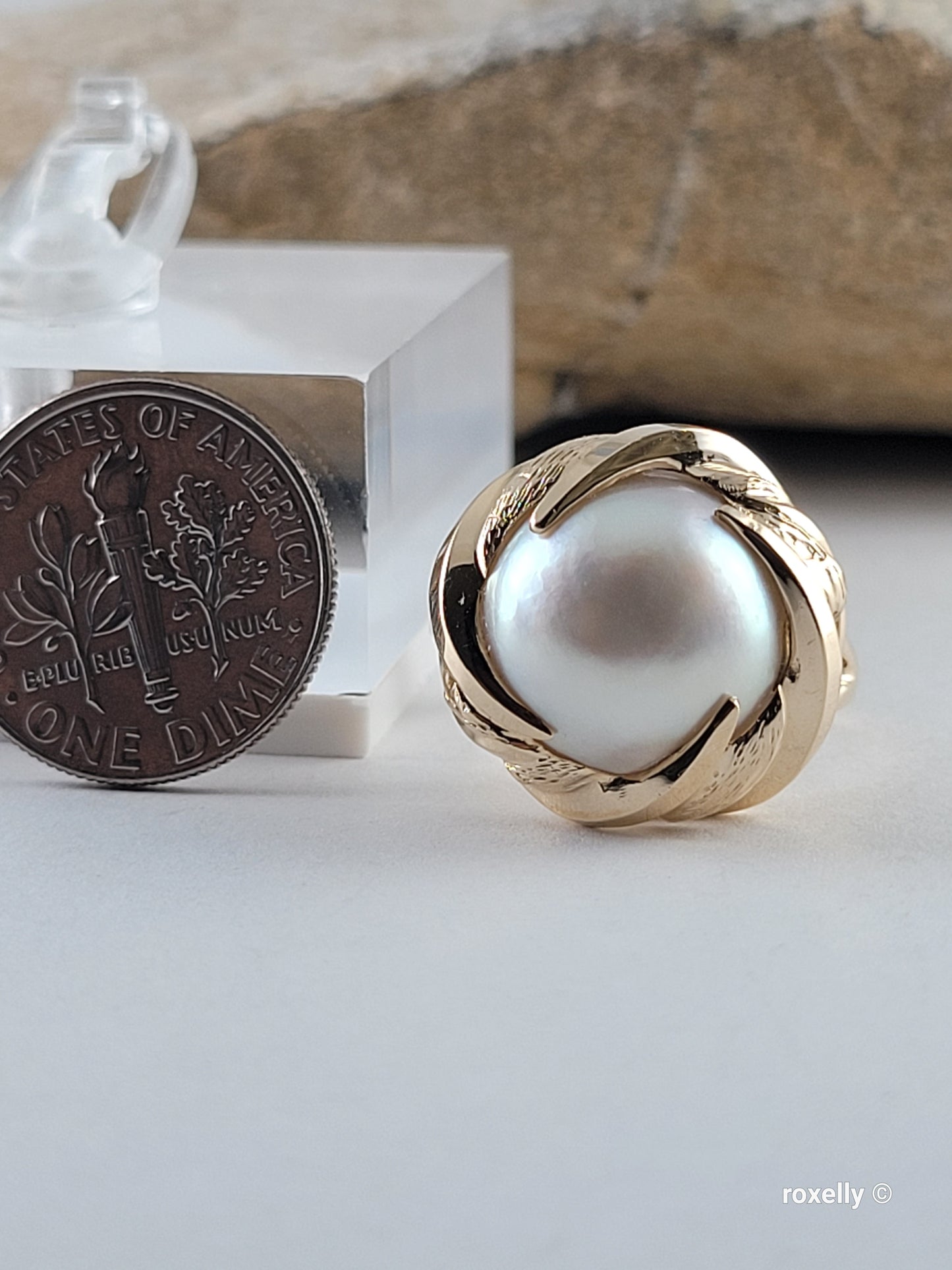 ❤️14k Size 6.75 Gorgeous Solid Yellow Gold Natural Grey Pearl Ring!