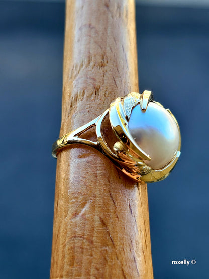 ❤️14k Size 6.75 Gorgeous Solid Yellow Gold Natural Grey Pearl Ring!