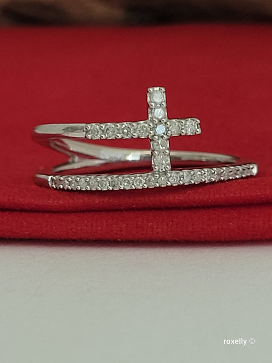 ❤️925 Size 6.75 Sterling Silver Diamond Cross Split Shank Stacked Ring!