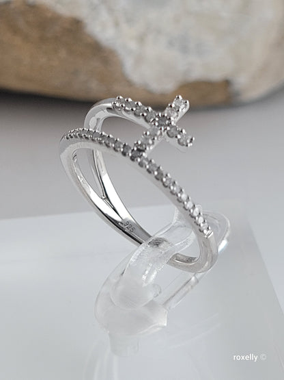 ❤️925 Size 6.75 Sterling Silver Diamond Cross Split Shank Stacked Ring!