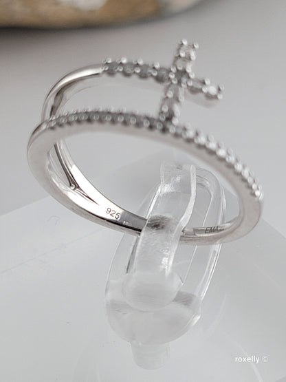 ❤️925 Size 6.75 Sterling Silver Diamond Cross Split Shank Stacked Ring!