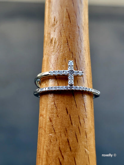 ❤️925 Size 6.75 Sterling Silver Diamond Cross Split Shank Stacked Ring!