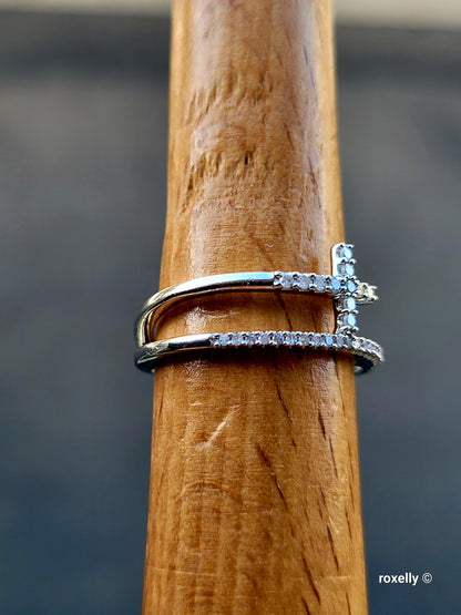 ❤️925 Size 6.75 Sterling Silver Diamond Cross Split Shank Stacked Ring!