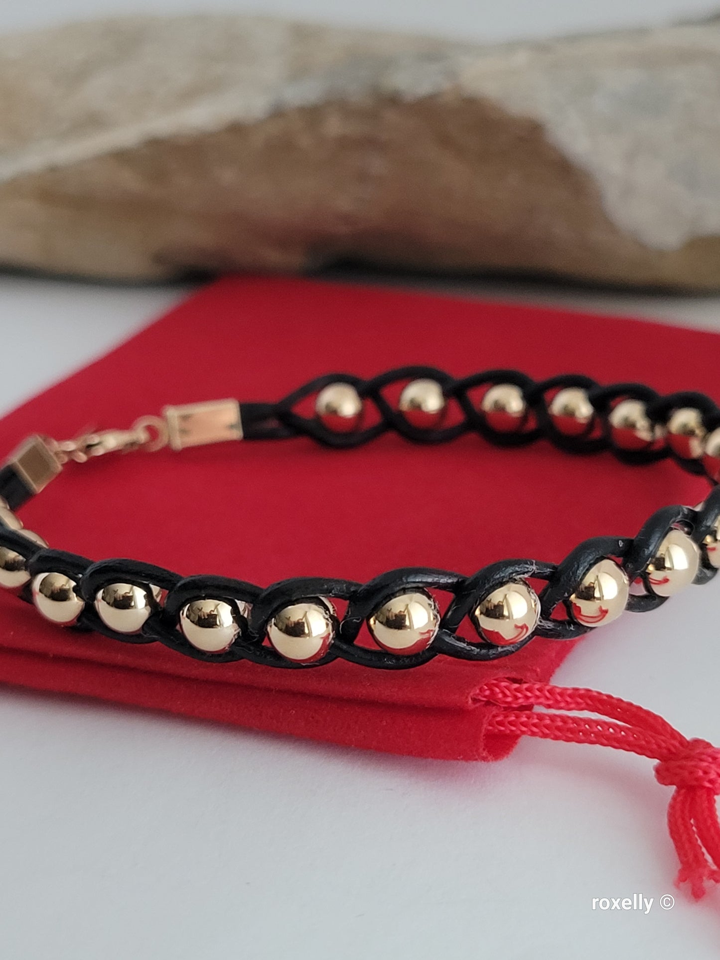 14K Yellow Gold Beads and Black Leather Bracelet, Solid Gold Accent!