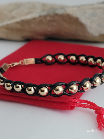 14K Yellow Gold Beads and Black Leather Bracelet, Solid Gold Accent!