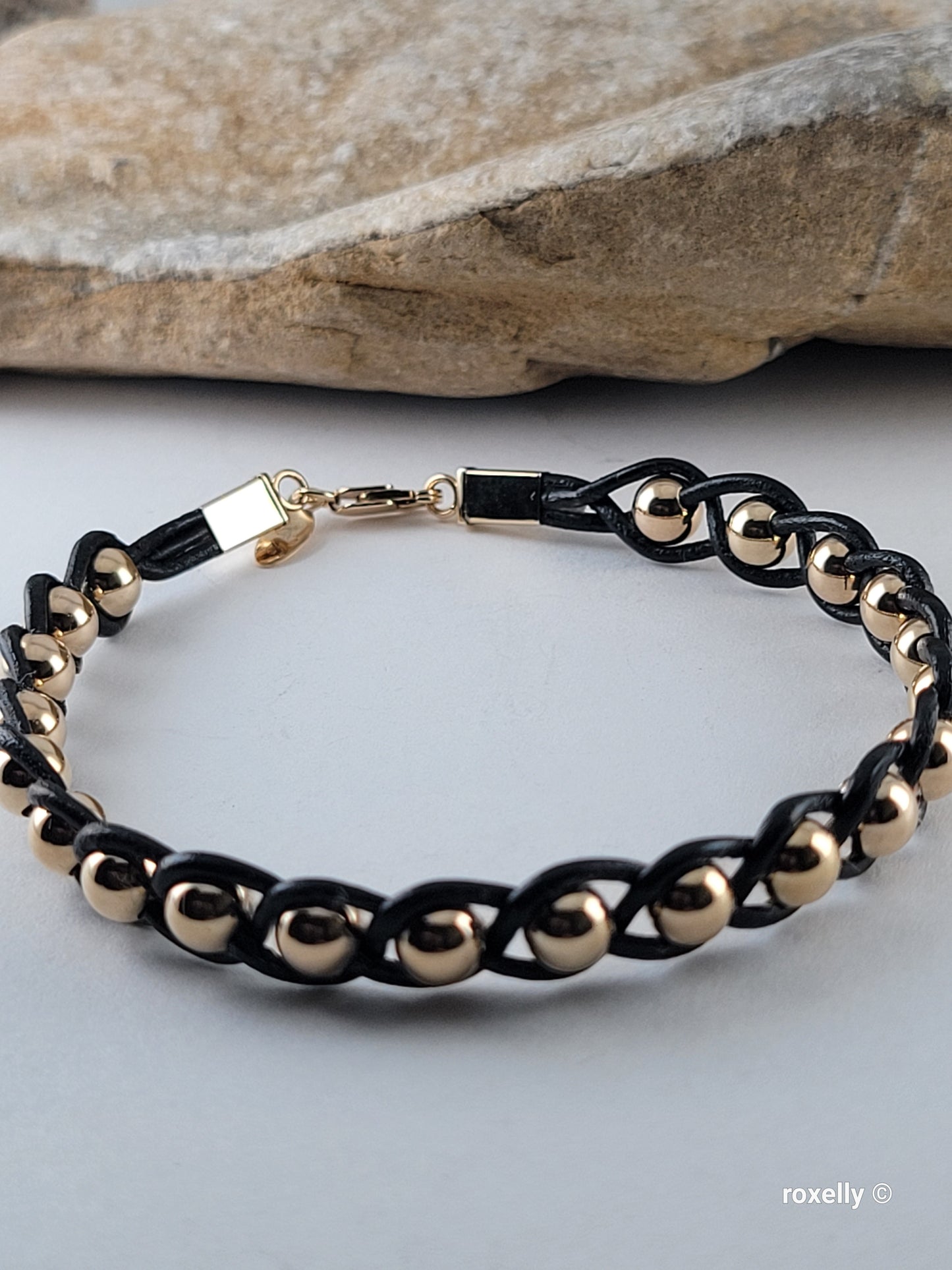 14K Yellow Gold Beads and Black Leather Bracelet, Solid Gold Accent!