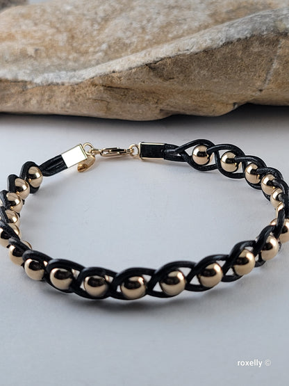 14K Yellow Gold Beads and Black Leather Bracelet, Solid Gold Accent!