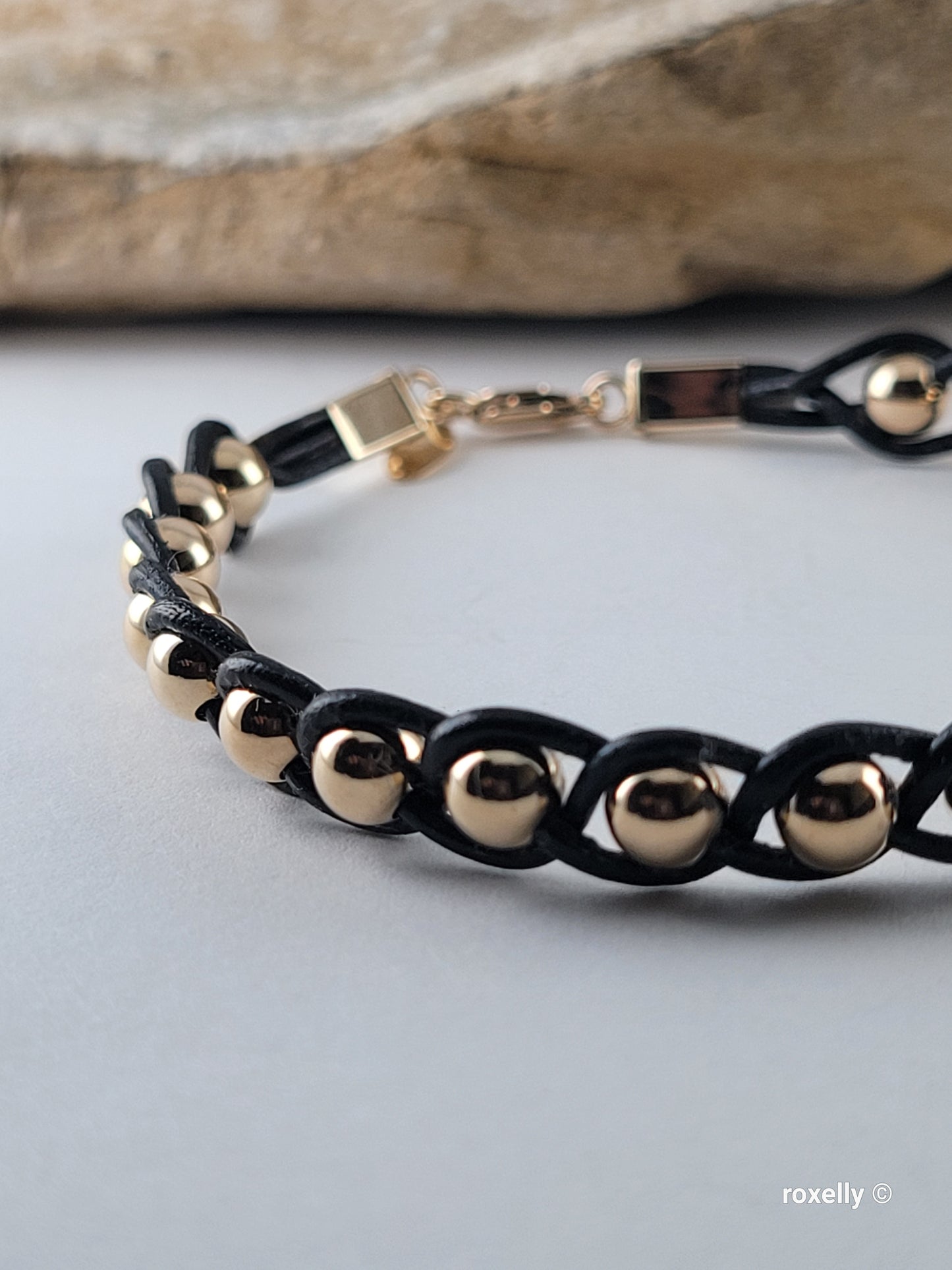 14K Yellow Gold Beads and Black Leather Bracelet, Solid Gold Accent!