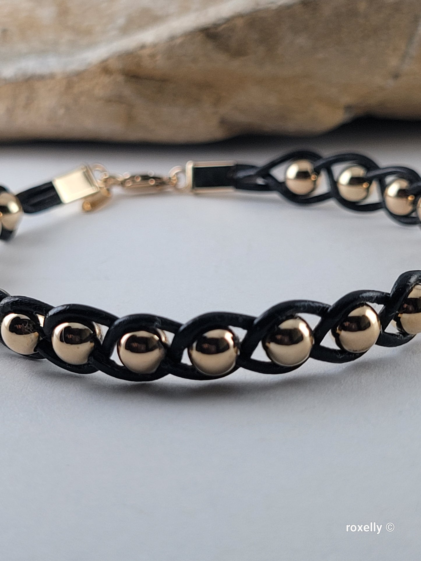 14K Yellow Gold Beads and Black Leather Bracelet, Solid Gold Accent!