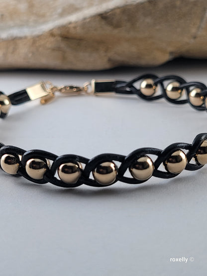14K Yellow Gold Beads and Black Leather Bracelet, Solid Gold Accent!