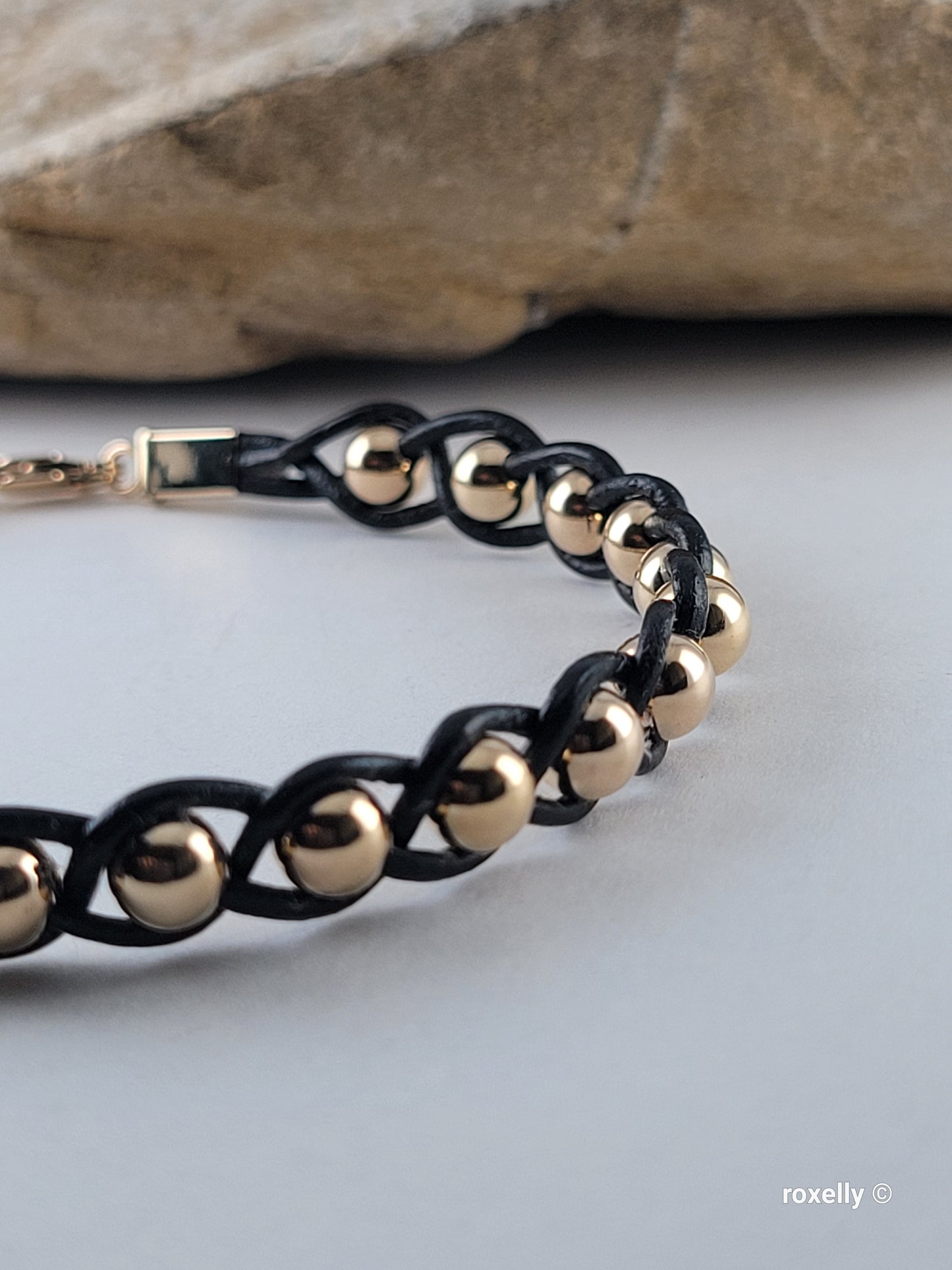 14K Yellow Gold Beads and Black Leather Bracelet, Solid Gold Accent!