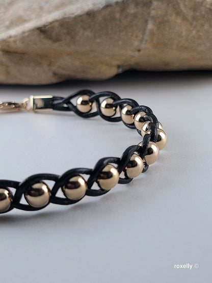 14K Yellow Gold Beads and Black Leather Bracelet, Solid Gold Accent!