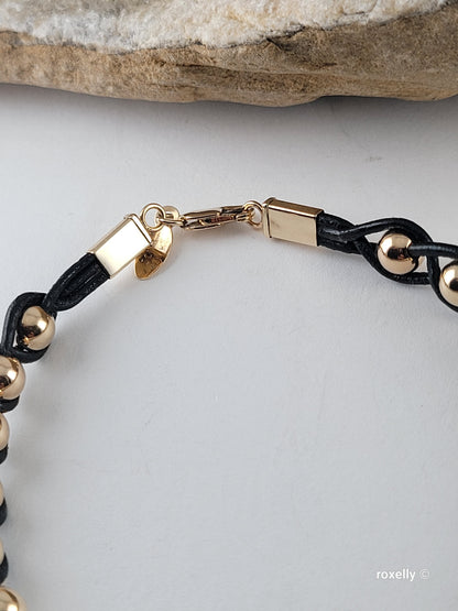14K Yellow Gold Beads and Black Leather Bracelet, Solid Gold Accent!