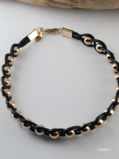 14K Yellow Gold Beads and Black Leather Bracelet, Solid Gold Accent!