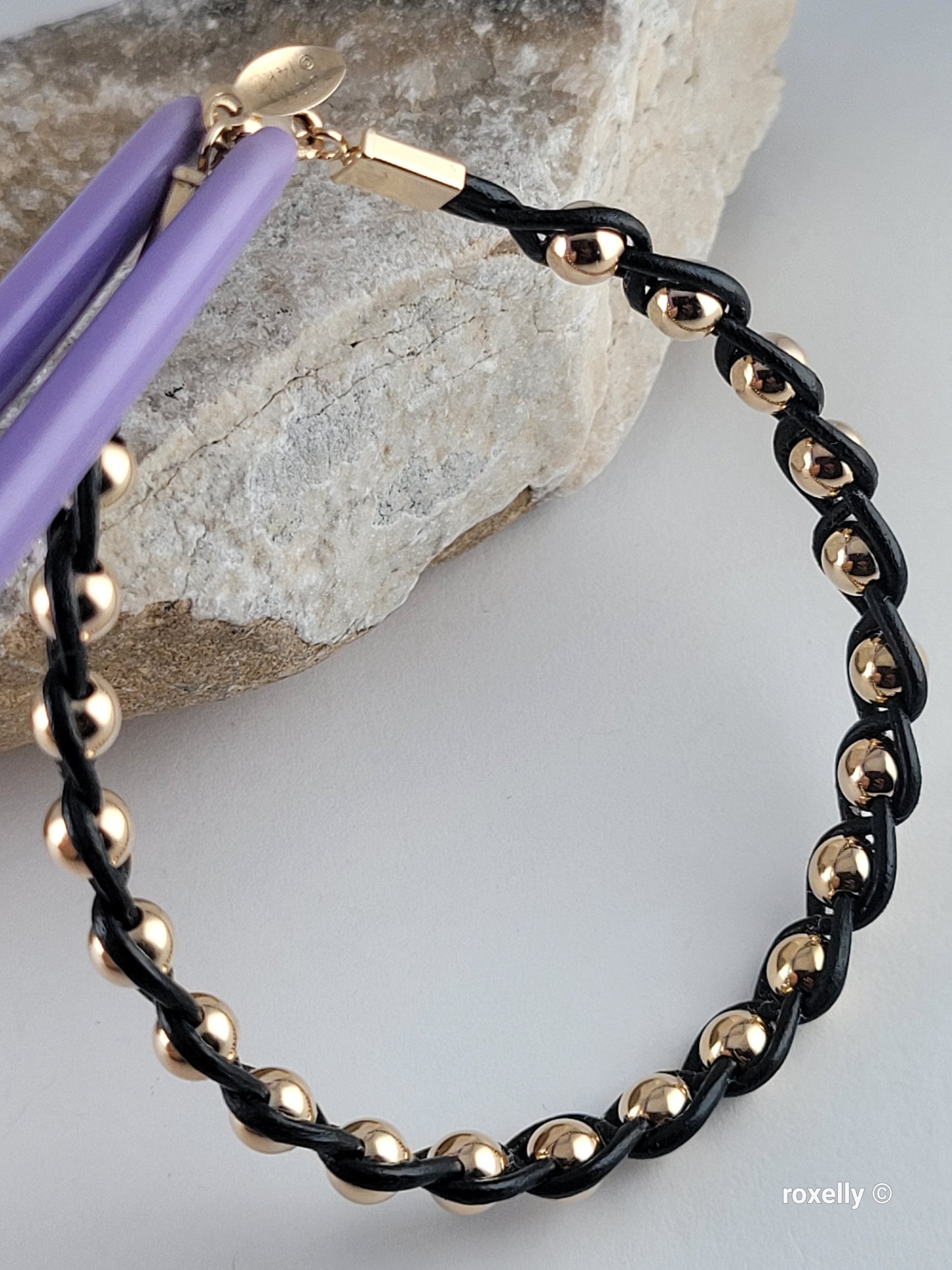 14K Yellow Gold Beads and Black Leather Bracelet, Solid Gold Accent!