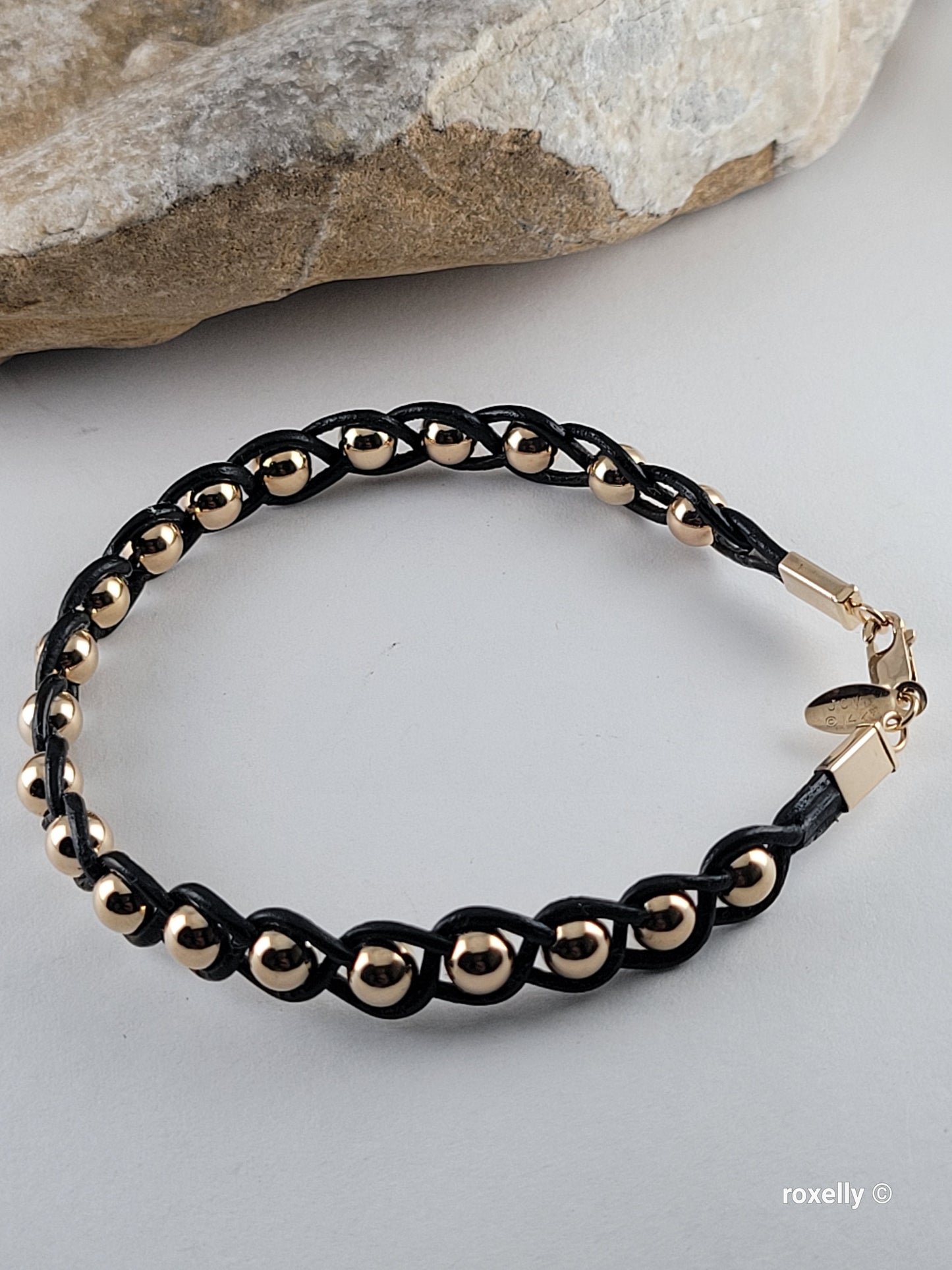 14K Yellow Gold Beads and Black Leather Bracelet, Solid Gold Accent!
