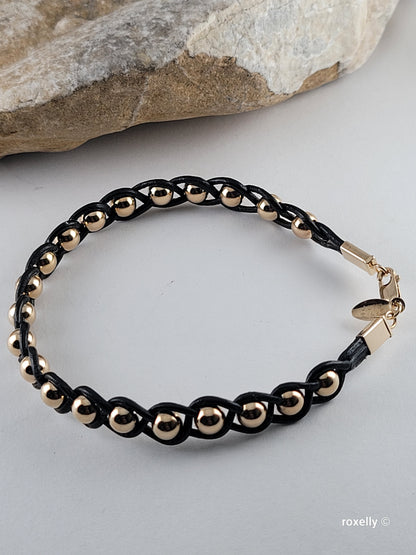 14K Yellow Gold Beads and Black Leather Bracelet, Solid Gold Accent!