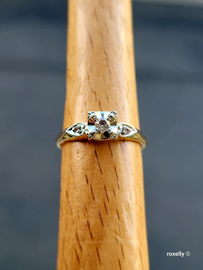 ❤️14k Size 6.75 Precious Solid Yellow and White Gold Diamond Art-Deco Ring!