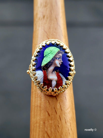 ❤️14k Size 7.25 Antique Solid Yellow Gold  Woman Portrait France Enamel Imperial Ring!