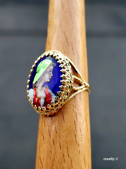 ❤️14k Size 7.25 Antique Solid Yellow Gold  Woman Portrait France Enamel Imperial Ring!