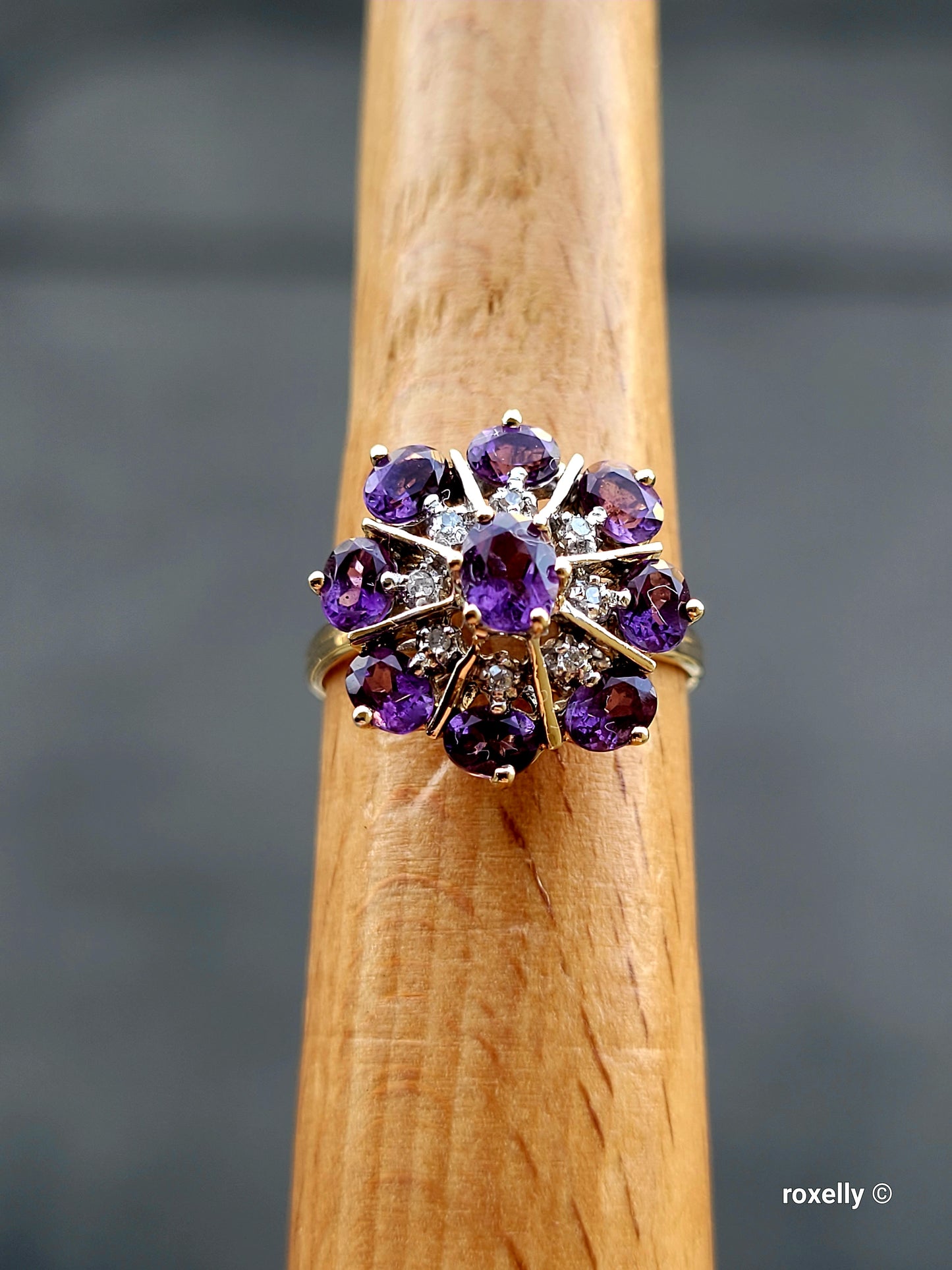 ❤️14k Size 6.75 Gorgeous Solid Yellow Gold Amethyst and Diamonds Flower-shaped Ring!