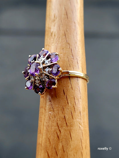 ❤️14k Size 6.75 Gorgeous Solid Yellow Gold Amethyst and Diamonds Flower-shaped Ring!