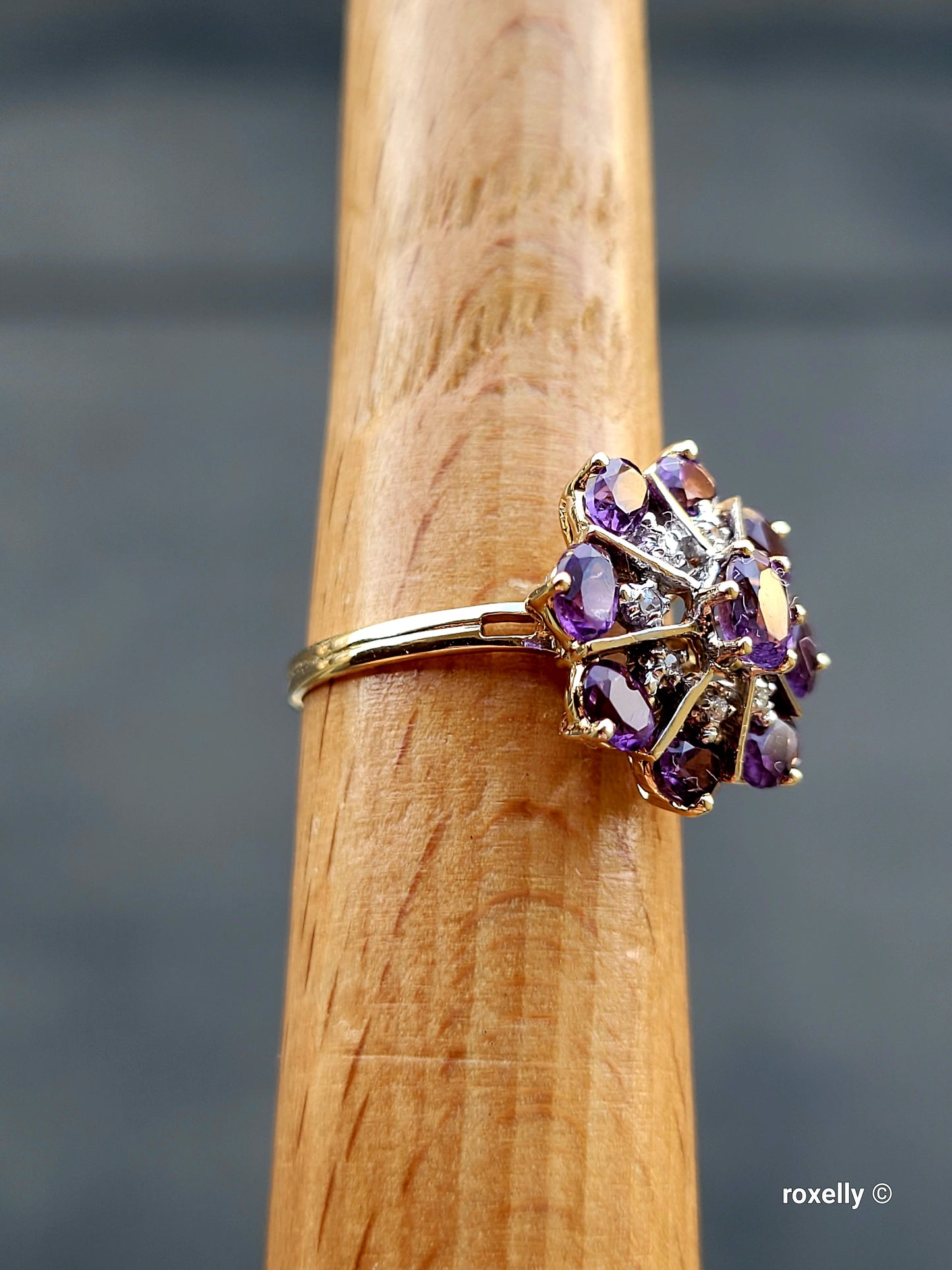 ❤️14k Size 6.75 Gorgeous Solid Yellow Gold Amethyst and Diamonds Flower-shaped Ring!