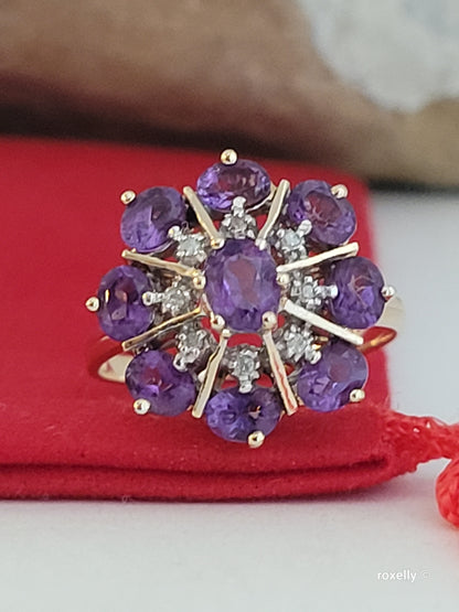 ❤️14k Size 6.75 Gorgeous Solid Yellow Gold Amethyst and Diamonds Flower-shaped Ring!