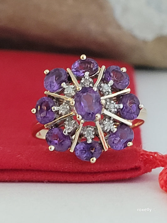 ❤️14k Size 6.75 Gorgeous Solid Yellow Gold Amethyst and Diamonds Flower-shaped Ring!