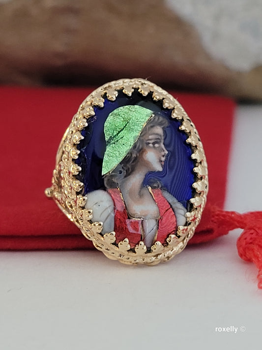 ❤️14k Size 7.25 Antique Solid Yellow Gold  Woman Portrait France Enamel Imperial Ring!