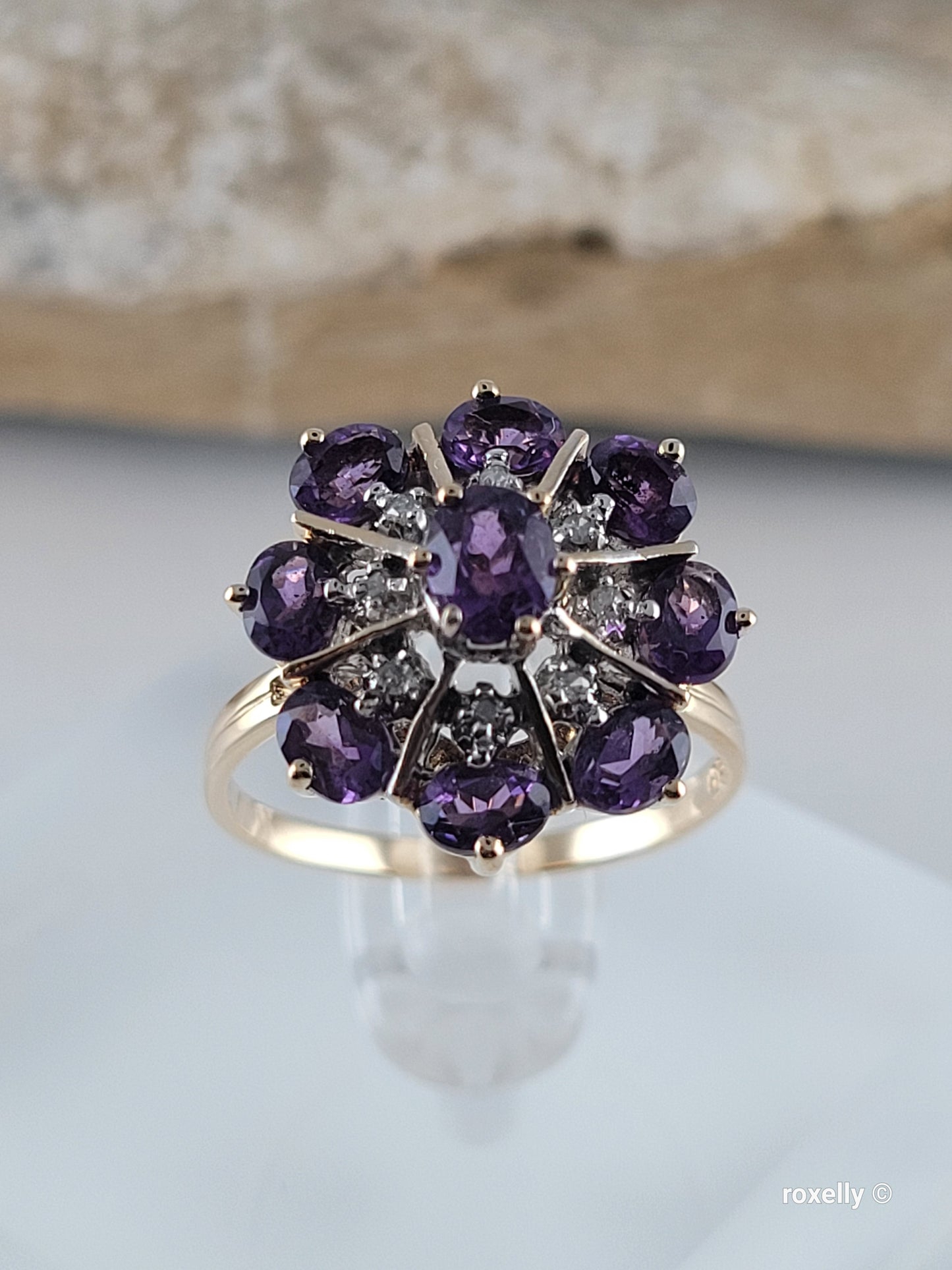 ❤️14k Size 6.75 Gorgeous Solid Yellow Gold Amethyst and Diamonds Flower-shaped Ring!