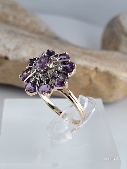 ❤️14k Size 6.75 Gorgeous Solid Yellow Gold Amethyst and Diamonds Flower-shaped Ring!