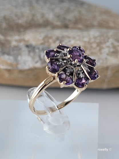 ❤️14k Size 6.75 Gorgeous Solid Yellow Gold Amethyst and Diamonds Flower-shaped Ring!