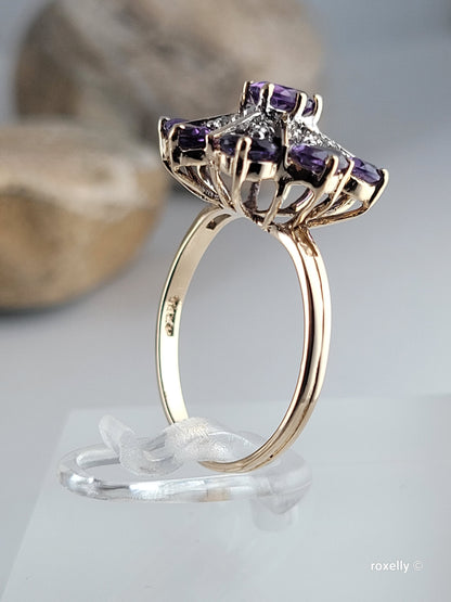 ❤️14k Size 6.75 Gorgeous Solid Yellow Gold Amethyst and Diamonds Flower-shaped Ring!
