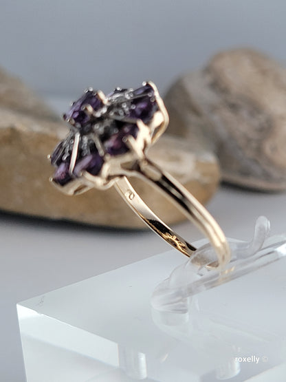 ❤️14k Size 6.75 Gorgeous Solid Yellow Gold Amethyst and Diamonds Flower-shaped Ring!
