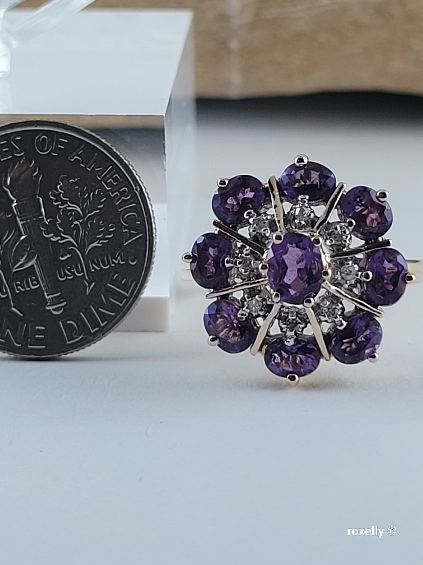 ❤️14k Size 6.75 Gorgeous Solid Yellow Gold Amethyst and Diamonds Flower-shaped Ring!
