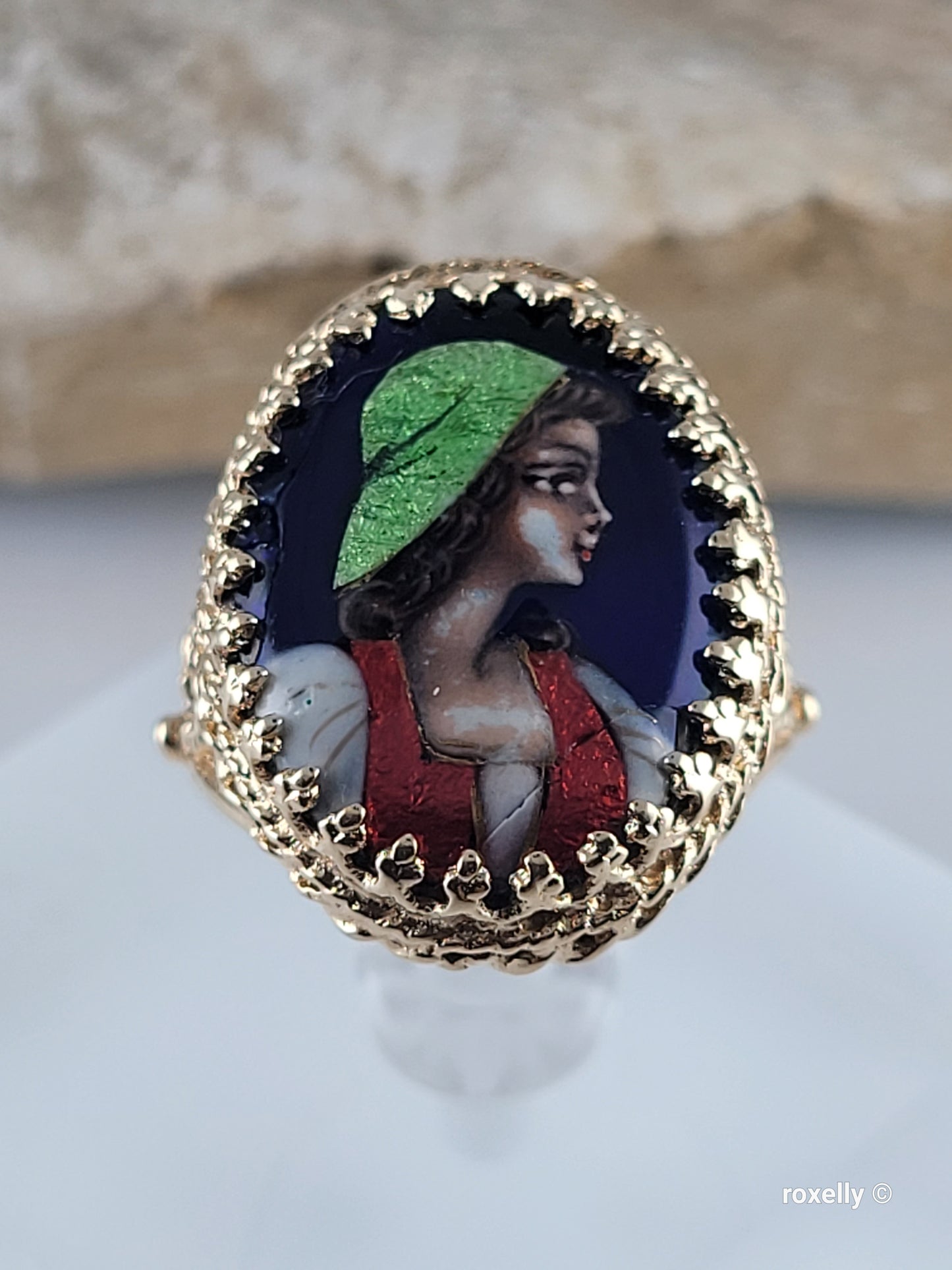 ❤️14k Size 7.25 Antique Solid Yellow Gold  Woman Portrait France Enamel Imperial Ring!