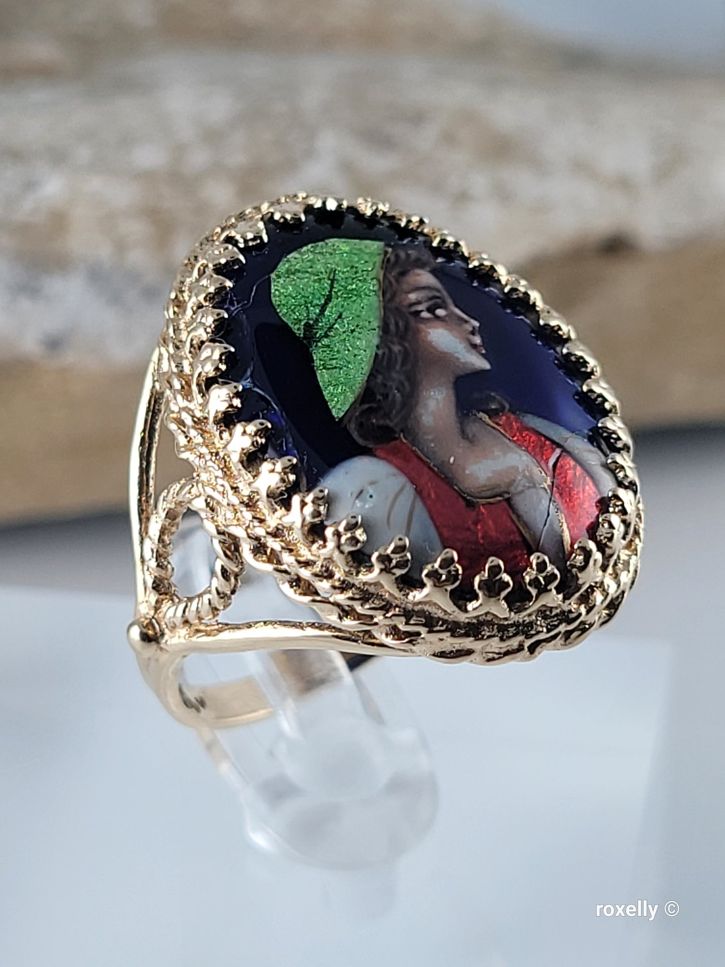 ❤️14k Size 7.25 Antique Solid Yellow Gold  Woman Portrait France Enamel Imperial Ring!