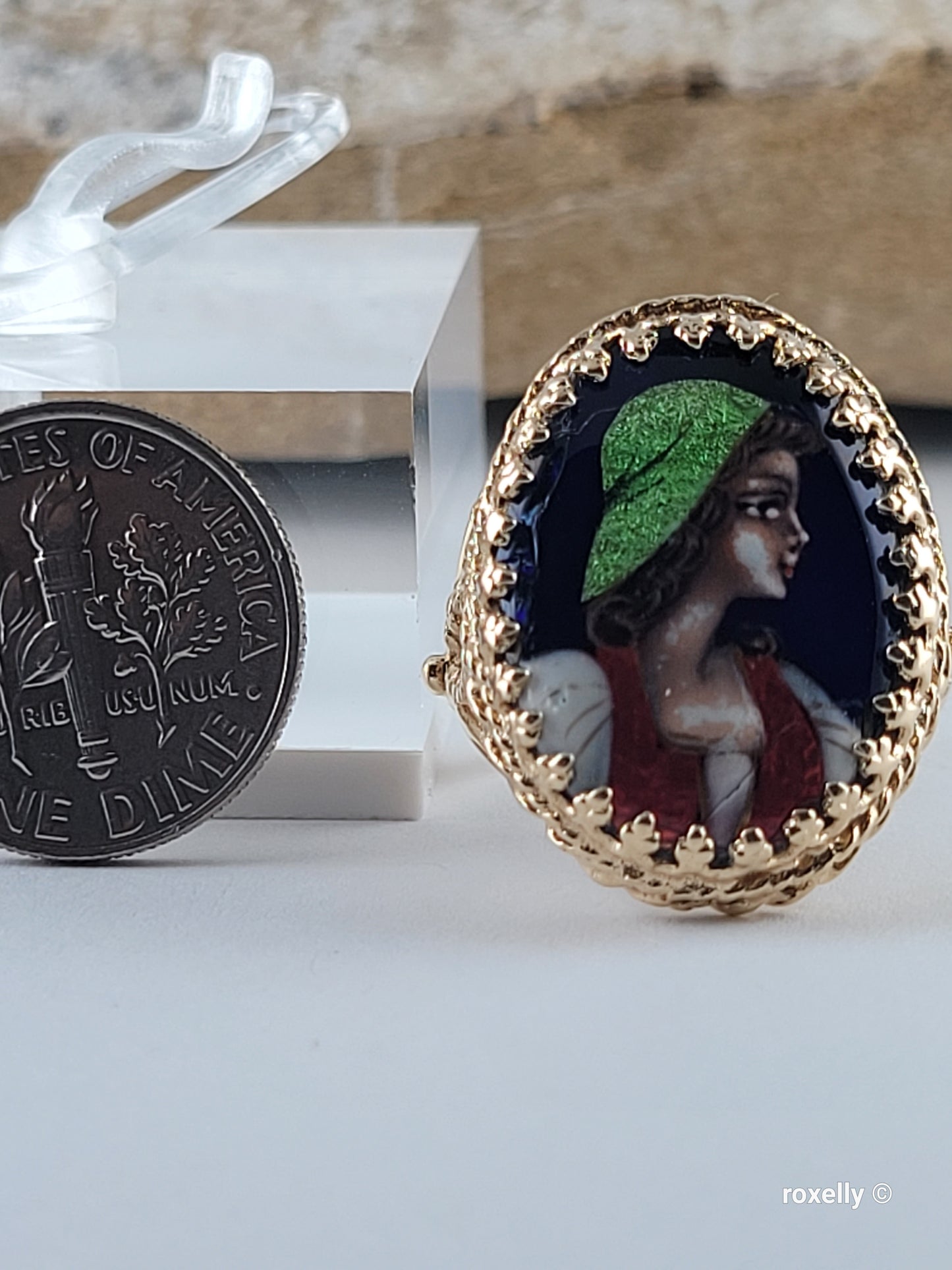 ❤️14k Size 7.25 Antique Solid Yellow Gold  Woman Portrait France Enamel Imperial Ring!