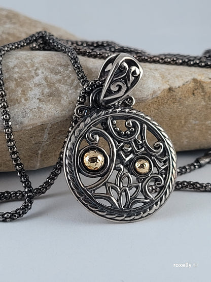 ❤️925 & 18k Vintage Oxidized Sterling Silver Necklace and Medallion Pendant!