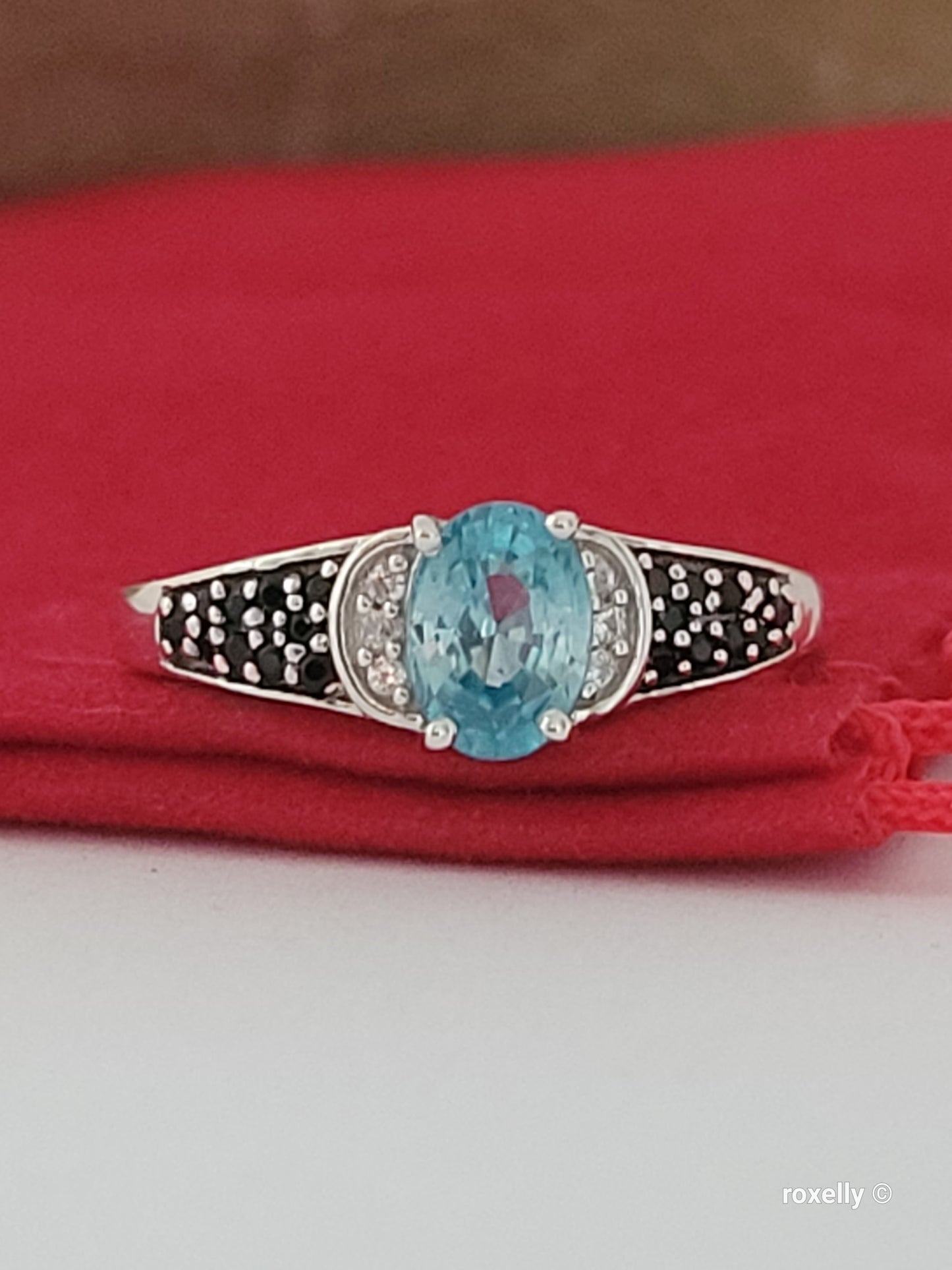❤️925 Size 7 Fancy Sterling Silver Blue and White Topaz with Black CZ Ring!