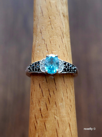 ❤️925 Size 7 Fancy Sterling Silver Blue and White Topaz with Black CZ Ring!