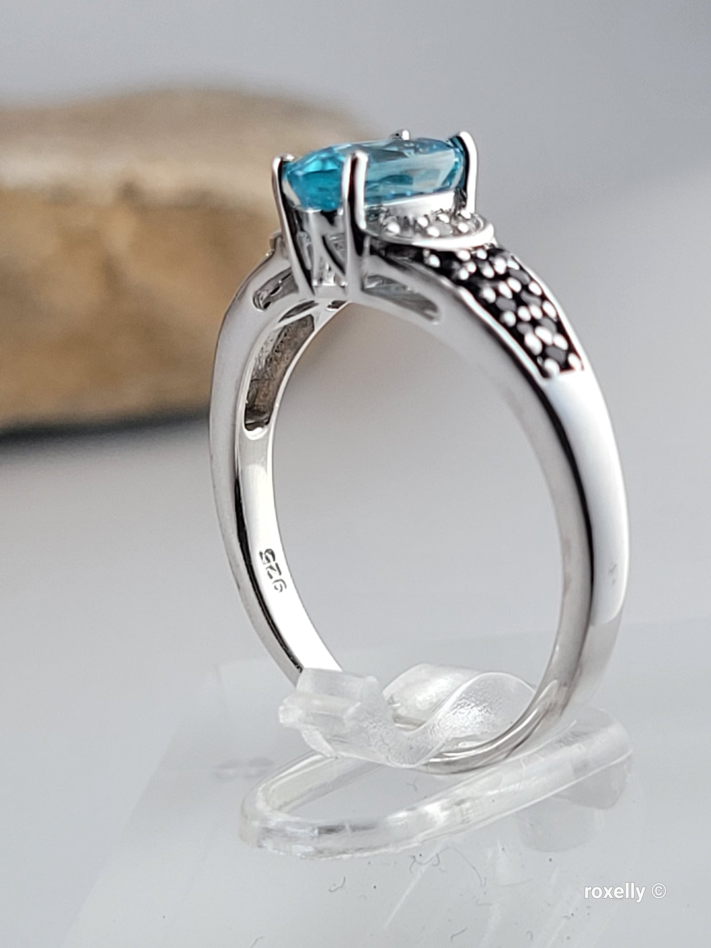 ❤️925 Size 7 Fancy Sterling Silver Blue and White Topaz with Black CZ Ring!