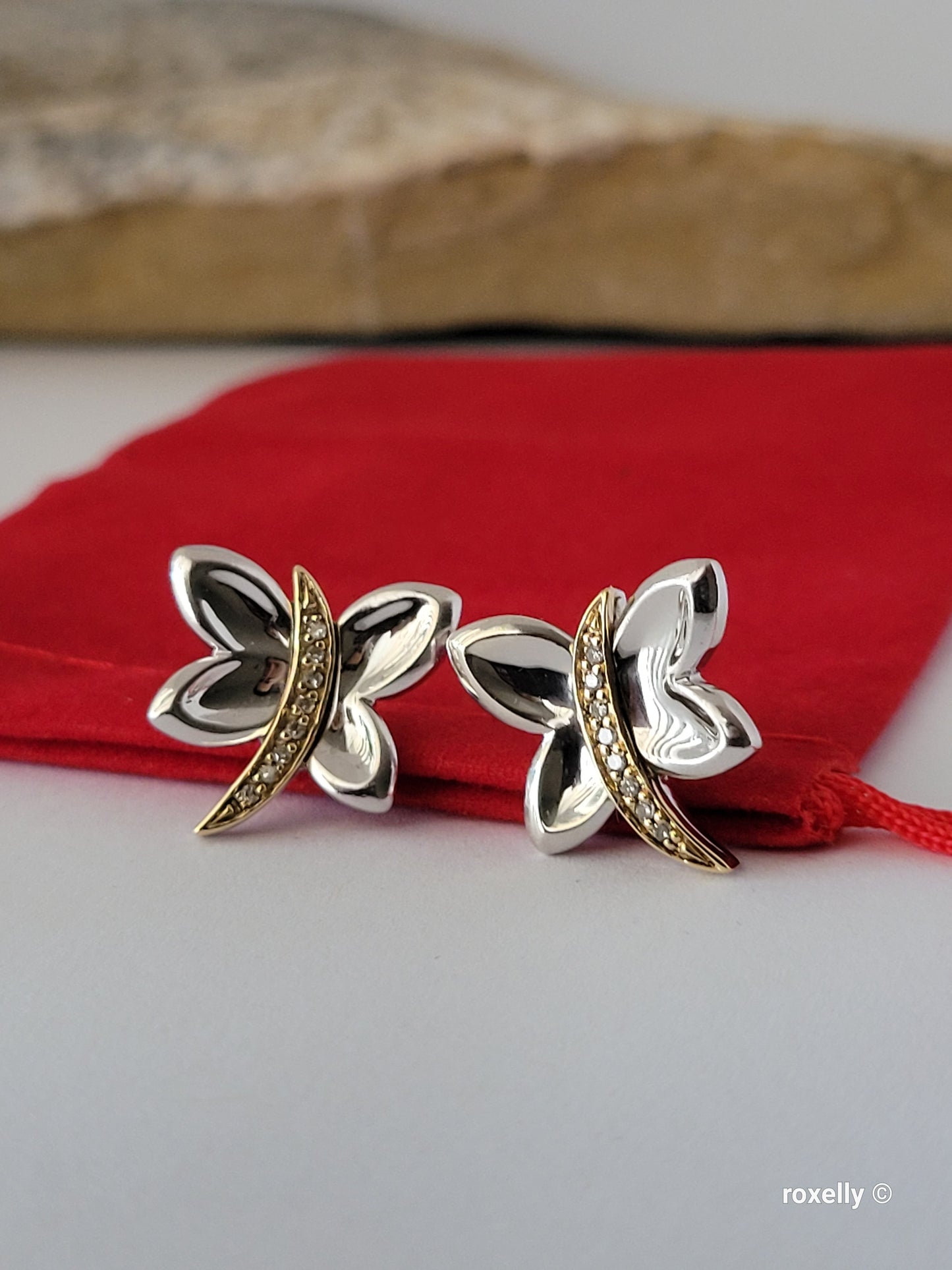 ❤️925 Precious Sterling Silver and 14k Solid Gold Genuine Diamonds Butterfly-Shaped Earrings!